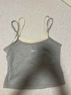SET Active Gray & Cream Layered Double-Strap Crop Camisole
